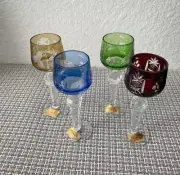 Set of 4 Hand Cut 24% Lead Crystal Multicolored 5" H Wine Glasses Made in Poland