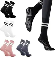 [PetGlimmer] 4 Pairs of Women's Non-Slip Yoga Socks, Striped Cotton Stopper Socks, 35-39, Shock Absorption, Breathable Grip Socks, Pilates, Long Non-Slip Socks for Women, for Pilates, Yoga, Dance, Hospital