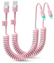 Coiled iPhone Charger 3 FT 2-Pack Apple CarPlay Cable Pink USB-A to Lightning