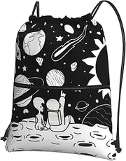 EdWal Astronaut And Alien Print Drawstring Backpack Gym Bags Sports Bags With Zipper Pocket For Travel Beach, Black, One Size