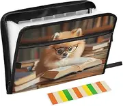 Quteprint 13 Pockets Expanding File Folder with Zipper Closure, Dog is Reading A Book Accordion File Folder with Sticky Labels, Letter Size A4 Papers Expandable File Document Organizer