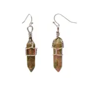 Natural Unakite Quartz Wire Wrapped Point Crystal Earrings for Women Reiki En...