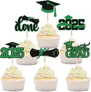 24 Pcs Graduation Cupcake Toppers 2025 Green Glitter Grad Cupcake Toppers for Graduation Decoration, Class of 2025 Graduation Cap Cupcake Toppers Supplies