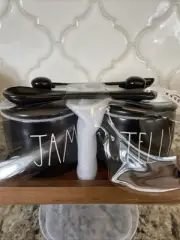 New Black Rae Dunn “JAM” & “JELLY” w/ Wood Tray and Serving Spoons Fall 2020