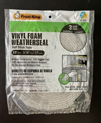 Frost King - Vinyl Foam Weatherseal Self Stick Tape 3/8" X 3/16" X 17' Gray V443