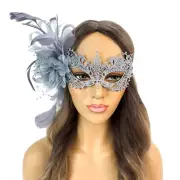 Lace Masquerade Mask with Luxury Feathers Dove Gray Silver