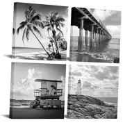 - 4 Piece Wall Art Back White Beach Picture Canvas Print Florida 12“x12”x4pcs