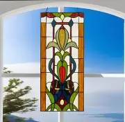 Tiffany Style Stained Glass Vintage Fleur de Lis Window Panel Suncatcher 10x24in