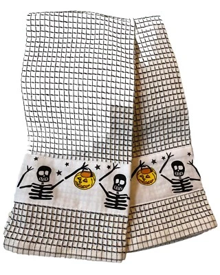 Vintage KMart Kitchen Dish Towel Pumpkin Skeletons Halloween Set Of 2 Cotton NOS