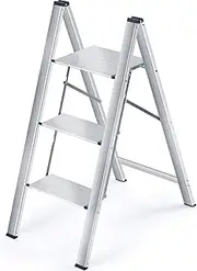 [KINGRACK] Step Ladder, 3 Step Aluminium Folding Step Stool, Portable Ladder with Large Platform,Slim Household Stepladder with Milti-fuction (3 Step)