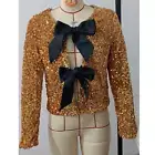 Women's Coats Casual Sequin Jackets Bow Christmas Sparkling Party Cropped Tops