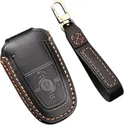 ontto Key case fit for Ford Fusion Mondeo Mustang Explorer Edge EcoSport Leather Remote Key Fob Cover Keyring Accessories Key Shell Keychain Key Holder Protector 3 Buttons Black B