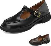 [ETORYOOX] Women Mary Jane Leather Chunky Heel Oxford Formal Shoes Casual Closed Toe Slip on Adjustable T-Strap Uniform Dress Shoes for Business Office Formal Occasions