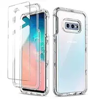 KIOMY Clear Case for Samsung Galaxy S10E Shockproof Protective Cover Hybrid Design Hard PC Back + Front Cover + Flexible TPU Bumper + 2 Pack Tempered Glass Screen Protector 3 in 1 Full Body Protection