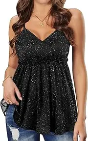 [WIEIYM] Women's Sequin Top Sexy V-Neck Sleeveless Adjustable Straps Tank Tops Ruffle Shirt Cocktail Vest Festive Glitter A-line Party Club Tank Tops Blouses