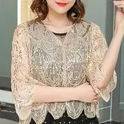 [Bciopll] Women V-Neck Short Cardigan Women Little Shawl Cape Short Sleeve Sequins Hollow Lace Dress Shawl Jackets