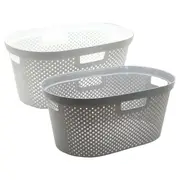 1 x Hudson Oval Laundry Basket White 40L Plastic Hamper Clothes Storage Washing Bin Household
