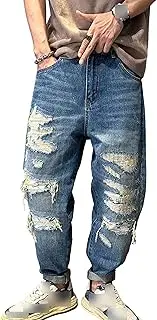 [Zylphorix] Men's Washed Ripped Patch Loose Jeans Casual Motorcycle Denim Pants with Pocket Y2K Classic Distressed Trousers, Blue, 32