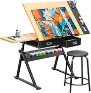 ALSTON Wood Drafting Table & Stool Set, Adjustable Wood Tabletop Art Craft Work Station with 2 Storage Drawers and Pencil Ledge for Artist Paintings Sketching