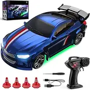 Desktop Drift Car,[New] Remote Control Mini Drift Car,1/64 Scale Remote Control Car with LED Lights,4WD Mini for Race, 2.4GHz Adjustable Throttle High Speed,Blue