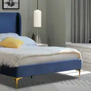 Istyle Modern Classic Olivia Queen Velvet Bed Frame Blue with Gold Legs