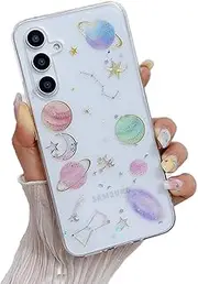 [Yzniyzce] Compatible for Samsung Galaxy S24+ Plus Case, Cute Clear Cases with Design Stars and Moon Bling Glitter Planet Aesthetic Silicone Shockproof Cover Women Girls for Samsung S24+ 6.7'', Space