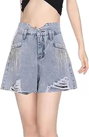 [Bciopll] Women Streetwear Patchwork Rhinestones Pearl Short for Female High Waist Hole Denim Shorts