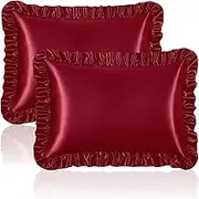 Homiest Ruffle Satin Pillowcase for Hair and Skin, Standard Size Satin Pillow Covers Silky Pillow Cases Set of 2, Satin Ruffled Pillowcase with Envelope Closure, Anti Wrinkle Pillow Shams (Burgundy)