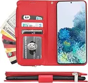 [Cavor] for Samsung Galaxy S20 Case,PU Leather Zip Pocket Wallet Flip Cover Case Magnetic Closure Book Design with Kickstand Feature & Card Slots Compartment for Samsung Galaxy S20 (6.2")-Red