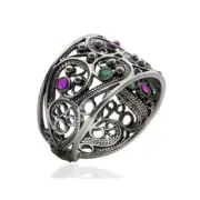 925 Sterling Silver Ruby and Emerald Filigree Ring
