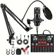 Podcast Equipment Bundle for 2, Music Making Equipment, Audio Interface with Cardioid Designer BM800 Mic for Gamer and All-in-One DJ Mixer, Perfect for Live Streaming, Recording, Gaming