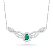 Oval Lab-Created Emerald and White Sapphire Starburst Frame Triple Row Twist Ribbon Necklace in Sterling Silver