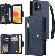YocoverTech for iPhone 12 mini Case,for iPhone 12 mini Wallet Case[6 Card Slots and 1 Zipper Coin Pocket] PU Leather Stand Flip Cover with Wrist Strap[5.4 inch]-Blue