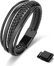 [Lian] Leather Bracelet Mens Bracelet Multi-Layer Braided Bracelets Magnetic Stainless Steel Clasp Cuff Bangle Wristband Bracelet Gifts for Graduation Fathers Day Boyfriend Birthday Christmas
