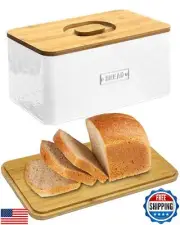 vensovo White Bread Box with Bamboo Cutting Board Lid – Metal Bread Bin for H