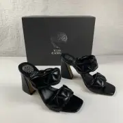 Vince Camuto VC-RENNEYA Block Heel Sandal Women 7 Black Leather Two-Strap S0363