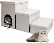 Uandhome Dog Stairs for Bed with Storage,Foldable 3-Step Pet Stairs for Small Dogs,Large Dogs & Cats,Soft Plush for Join Pain with Condo,Non-Slip Balanced Ramp for Climbing Couch,High Bed,Car(Beige)