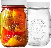 Regular Mouth Mason Jars 16 OZ – (2 Pack) Pint Size Jars with Airtight Lids and Bands & White Plastic PR1M3 Lids for Canning, Fermenting, Pickling, DIY Decors, Microwave & Dishwasher Safe.