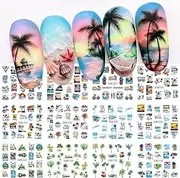 Coconut Trees Nail Art Stickers Summer Beach Nail Decals Stickers for Nail Art Plam Tree Tropical Style Nail Art Water Transfer Decals Sliders for Summer Nails Art Decoration Supplies Manicure Tips