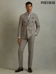 Reiss Light Taupe Burgess 100% Linen Side Adjuster Check Slim Fit Trousers (B78233) | $395