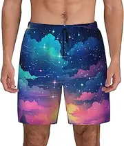 [Sipumia] Mens Starry-Sky Printed Swim Trunks with Compression Liner Quick Dry 2 in 1 Board Shorts with Pockets