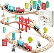 Wooden Train Set Starter 39-Piece Track Pack with Bridge Fits Thomas Brio Chuggington, Engine & Passenger Car, Kids Friendly Building & Construction | Expandable, Changeable | Fun for Girls & Boys