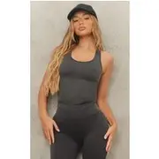 Charcoal Acid Wash Seamless Rib Halter Neck Gym Top, Charcoal