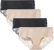 [LIQQY] Women's Cotton Underwear Hipster Cottontails Brief Full Coverage Briefs Mid Rise Lace Panties 4 Pack