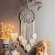 Bohemian Macrame Dream Catcher Wall Hanging, 11.8" x 34.6", White Cotton with Feathers