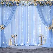 10x10ft Light Blue Chiffon Backdrop Curtain with Lights for Baby Shower Birthday Party, Sky Blue Curtain Backdrop with Lights for Wedding Parties Photo Shoot (5 x 10ft,2 Panels)