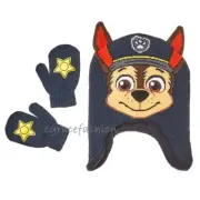 Paw Patrol Chase Dog Boy 3D Ears Knit Earflap Beanie Winter Hat Cap Mittens Set