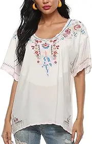 [Grosy] Mexican Embroidered Tops for Women Summer Short Sleeve Boho Shirts Peasant Blouses, Loose Fitting Bohemian Top Hippie Clothes