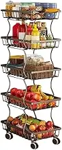 Rolling Fruit Basket, Slim Metal Wire Cart Stand with Wooden Handle and Wheels for Kitchen Living Room Bedroom and Bathroom, Stackable Shelf Storage