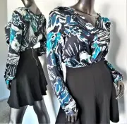 NWT-SANCTUARY BLOOMSBURY TEAL BLACK IVORY LARA PRINT FLORAL BLOUSE SZ-XS MSP$90